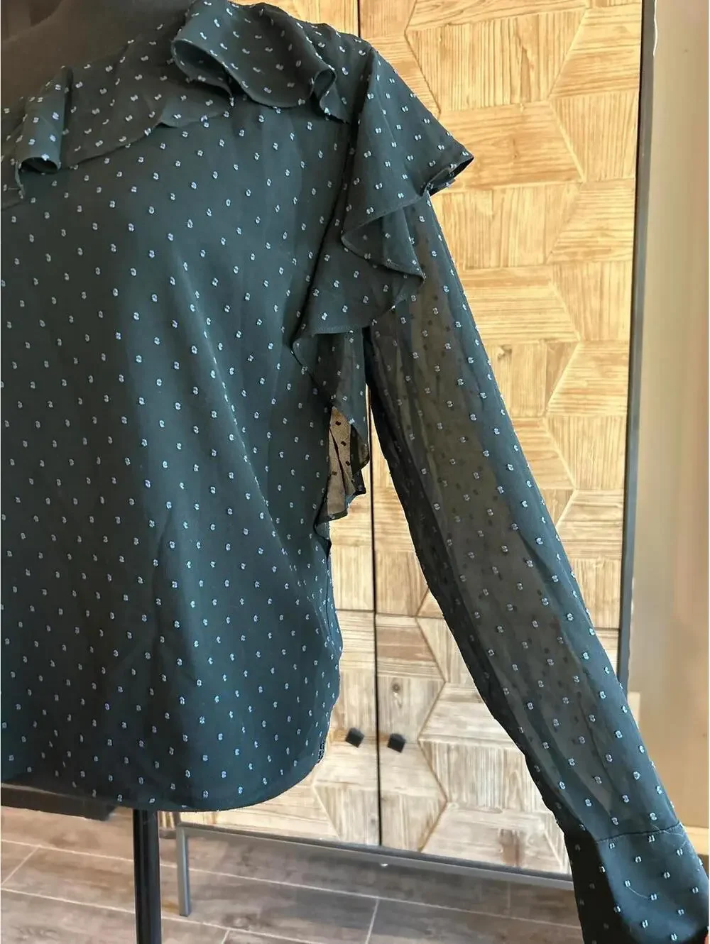 NWT Avec Les Filles Black Blue Polka Dot One Shoulder Ruffle Blouse Small Sheer